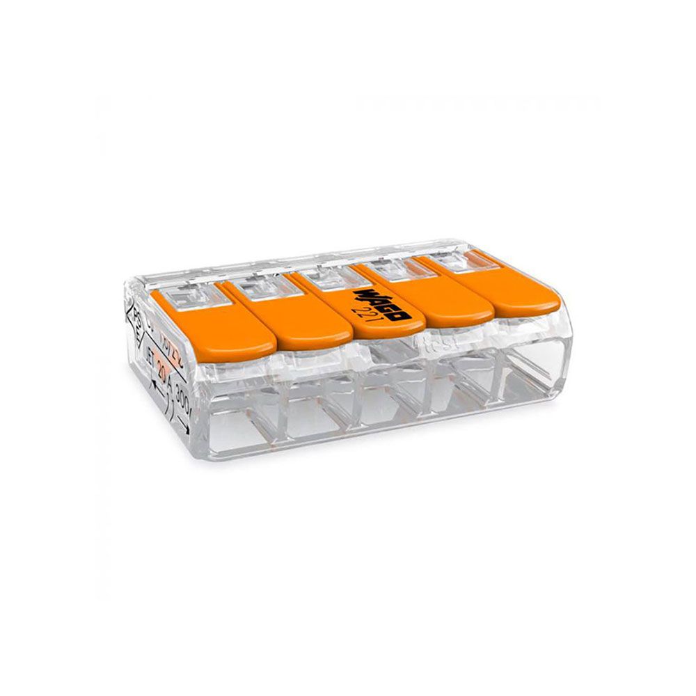 Conector rápido con palanca 5 vias, ø maximo 4 mm², 450 v , 32 a, transparente, 30 x 18,6 x 8,4 mm