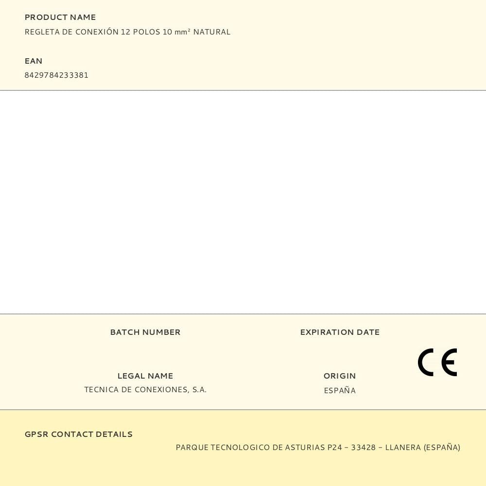 Regleta de conexión 12 polos 10 mm² natural