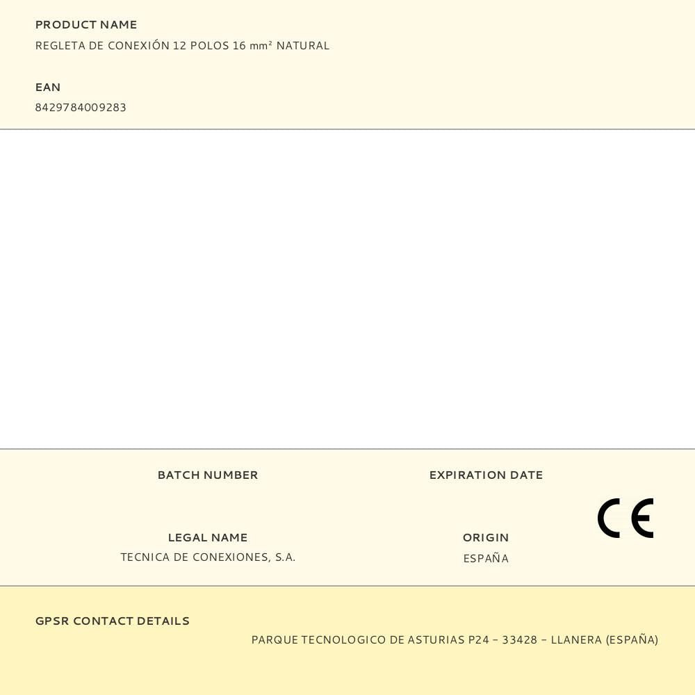Regleta de conexión 12 polos 16 mm² natural
