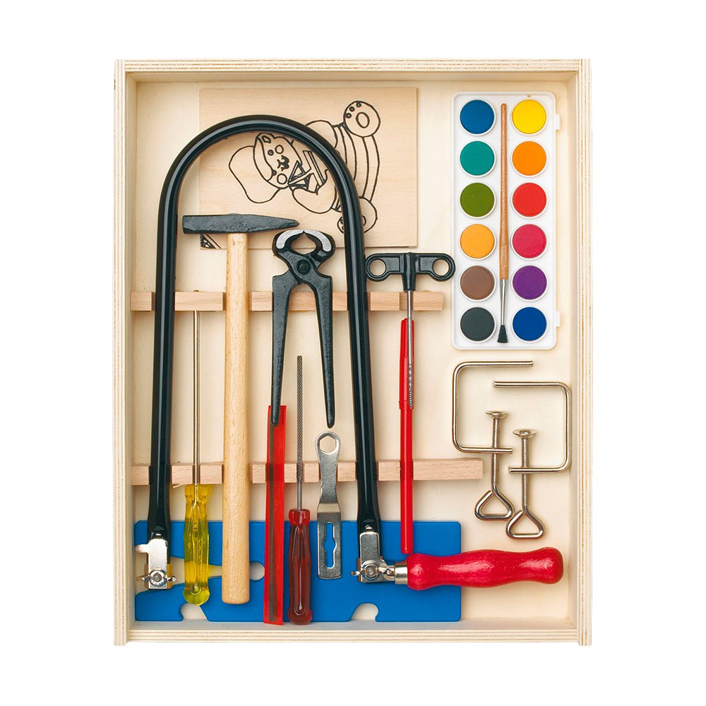 Caja de madera con kit de marquetería y pinturas, 16 piezas