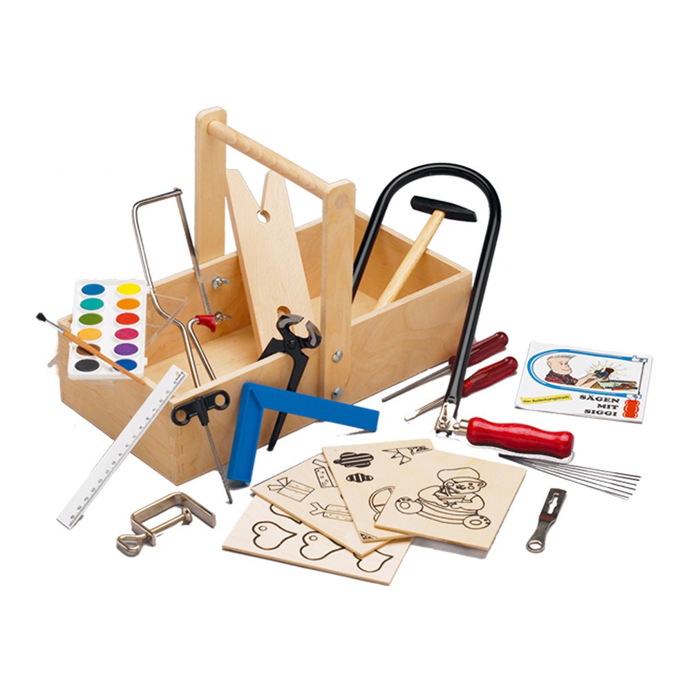 Caja de carpintería y marquetería infantil con mesa de trabajo