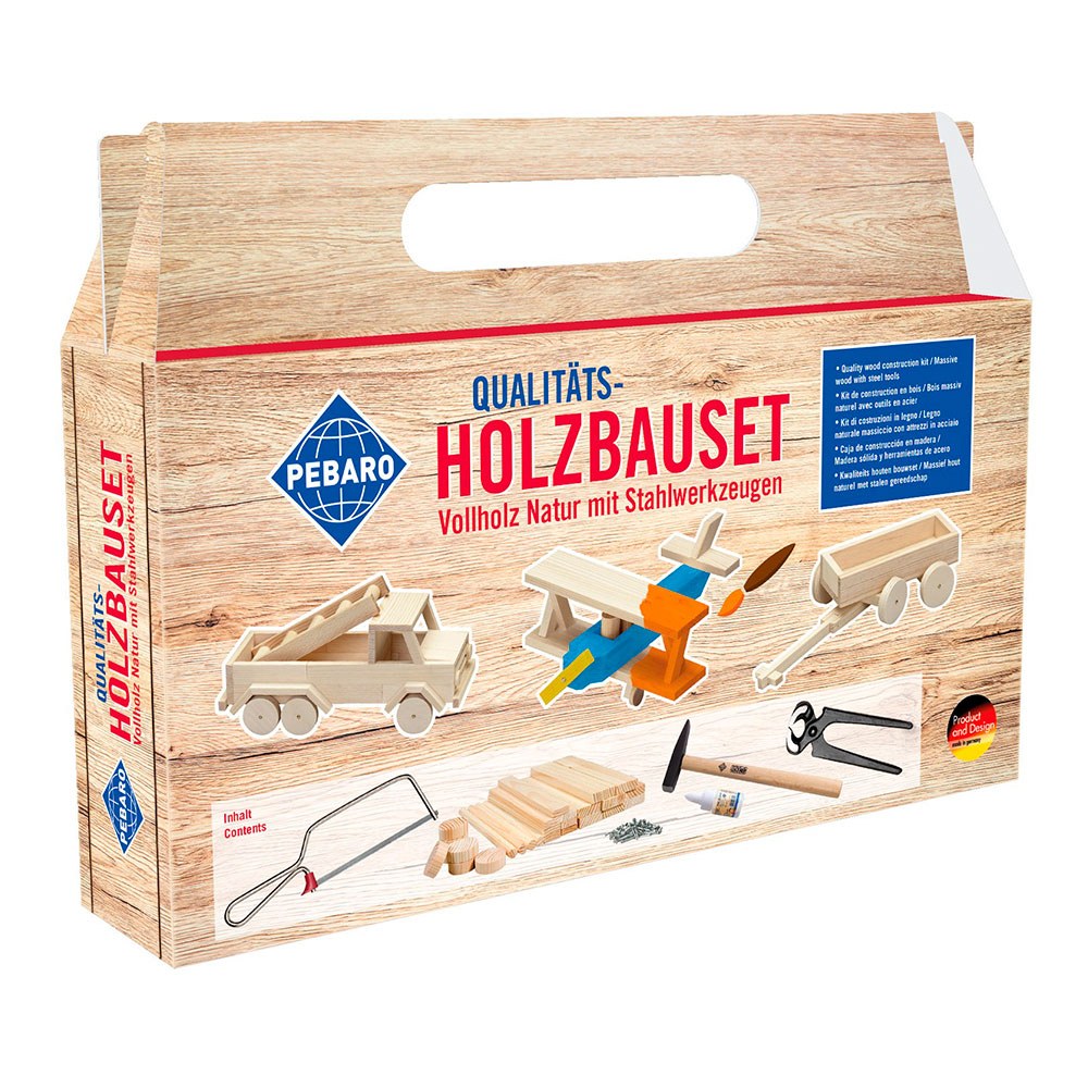 Kit de construcción de madera en caja de cartón con asa de transporte