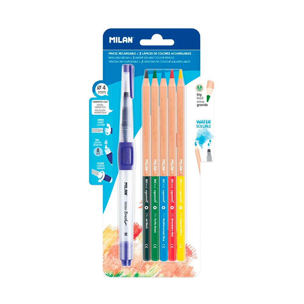Pincel recargable water brush + 5 lapices acuarelas