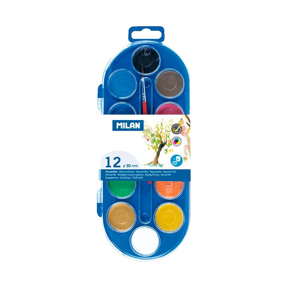 Estuche con 12 pastillas de acuarelas ø30mm + pincel