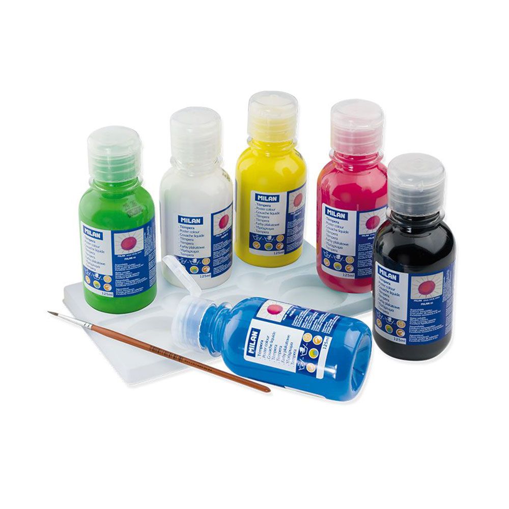 Témperas de colores 125 ml, 6 uds + pincel, caja