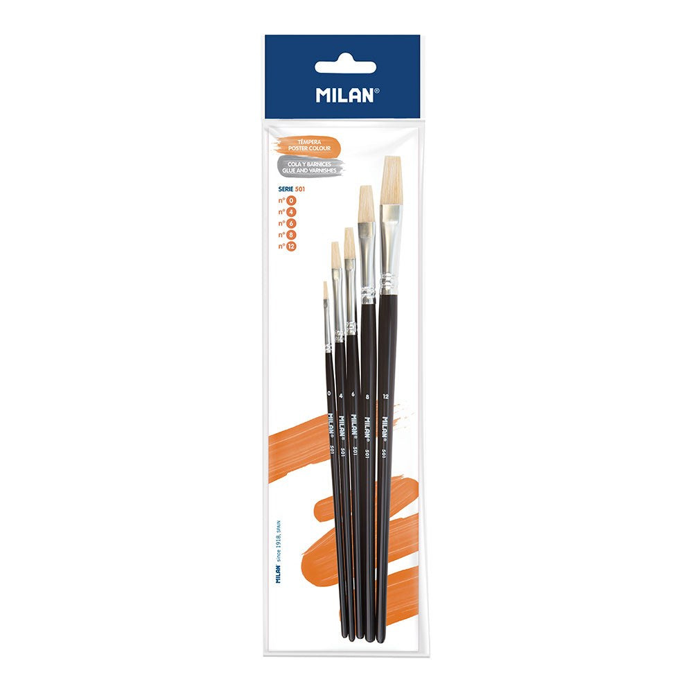 Pinceles planos, serie 501, nº 0, 4, 6, 8 y 12, blister