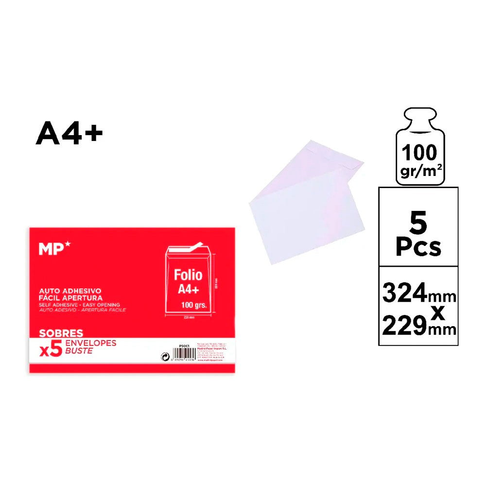 Sobre blanco auto adhesivos, a4+, 229 x 324 mm, 5 uds