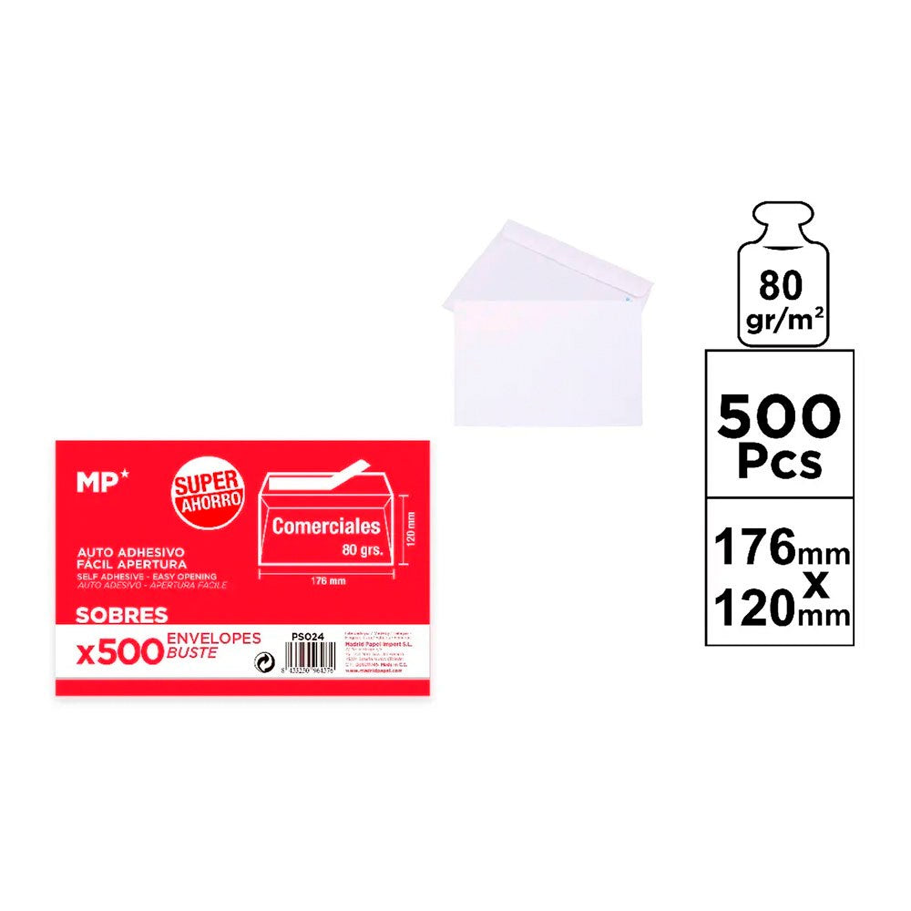Sobre blanco auto adhesivos, comercial, 176 x 120 mm, 500 uds