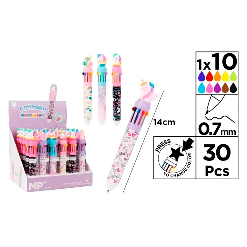 Bolígrafos 10 colores modelo fantasy multicolor, modelos variados, 30 uds, expositor