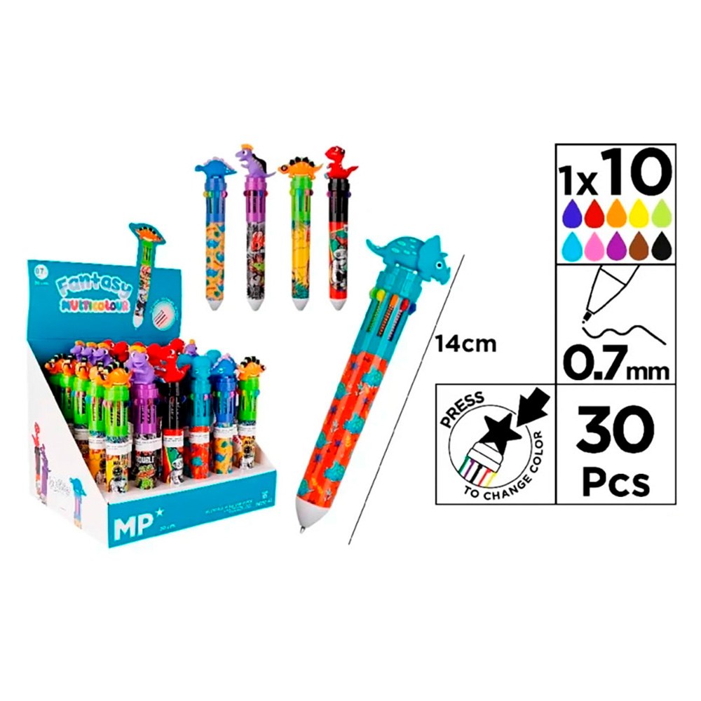 Bolígrafos 10 colores 0,7mm dinosaurios, diseños surtidos, 30 uds, expositor