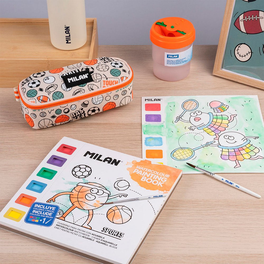 Cuaderno colorear, con acuarelas y pincel, sports