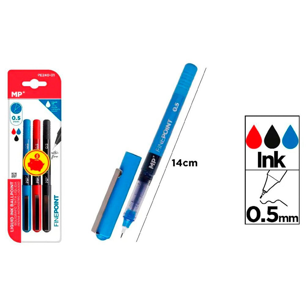 Bolígrafo tinta líquida, color azul, negro y rojo, punta aguja 0,5 mm, 3 uds, blister