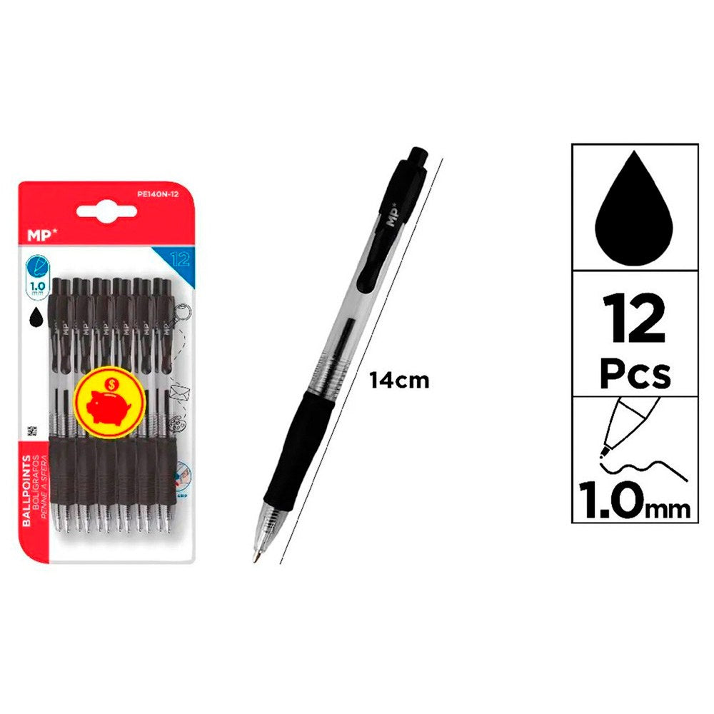 Bolígrafo retráctil negro, 12 uds, blister