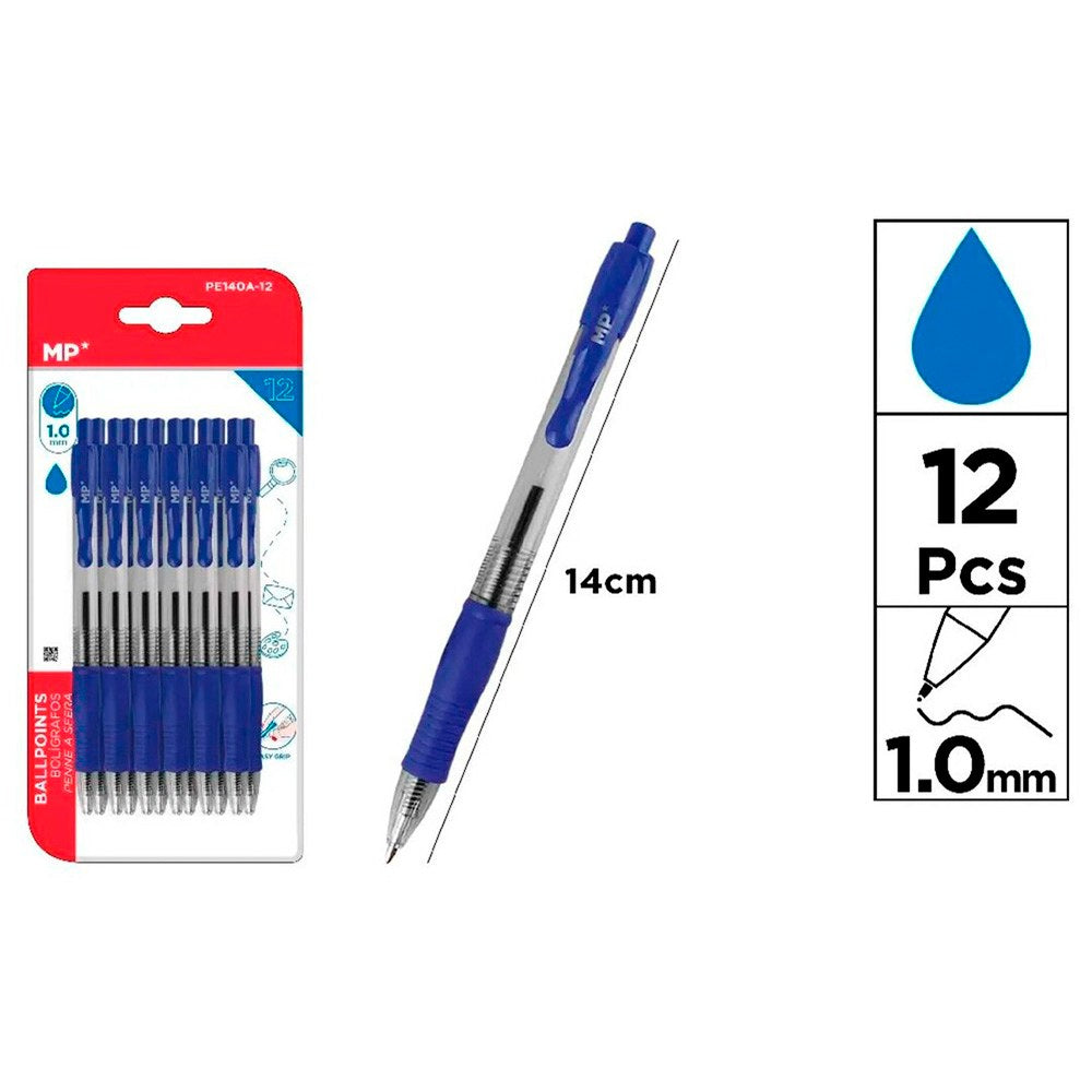 Bolígrafo retráctil azul, 12 uds, blister