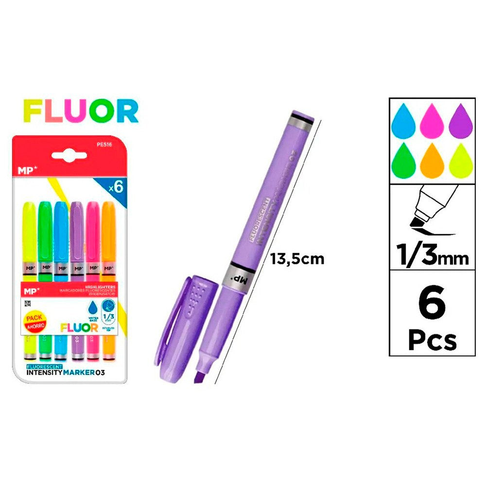 Marcadores colores fluorescentes, punta 1/3 mm, 6 uds, blister