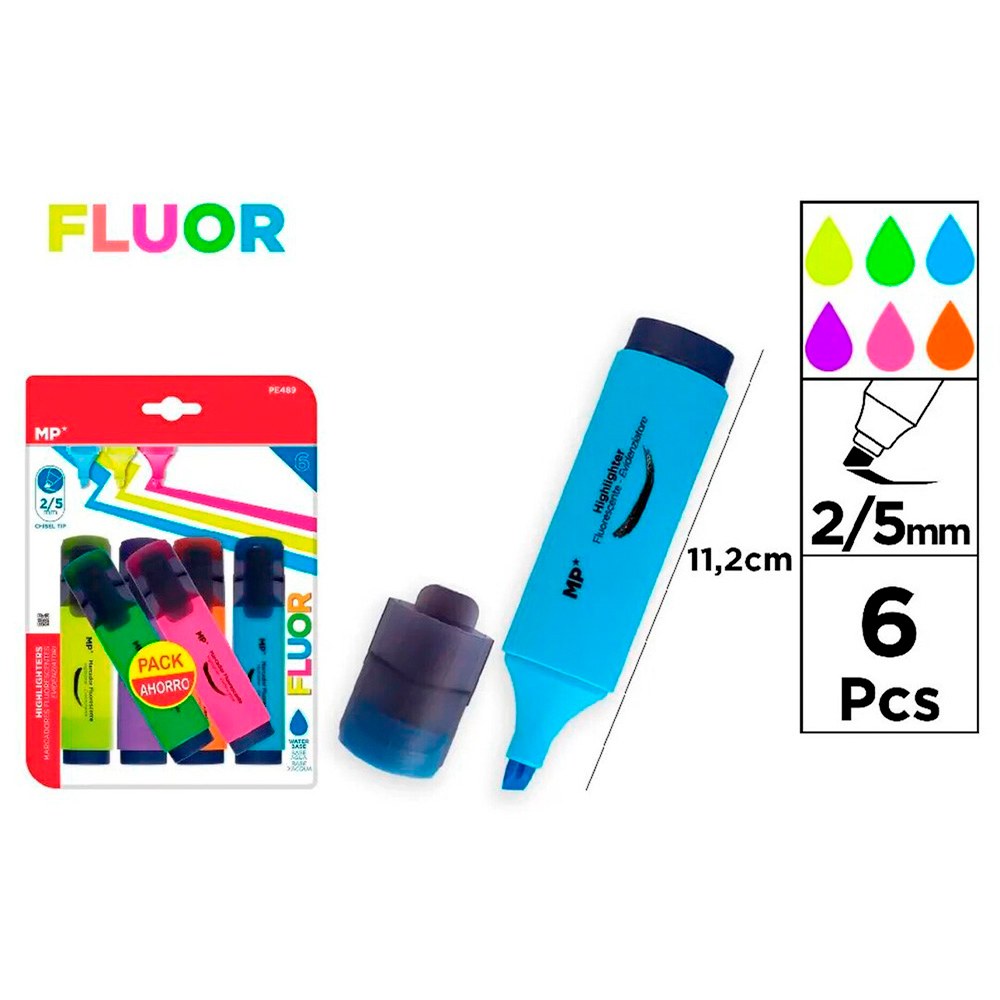 Marcadores de colores fluorescentes fluor, punta 2/5 mm, 6 uds, blister