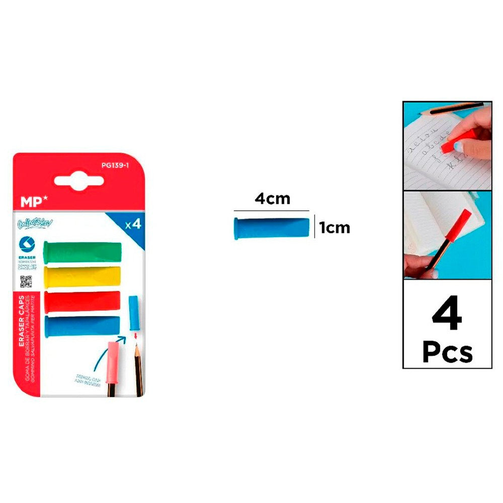 Gomas de borrar tapalápices de colores, 4 uds, blister