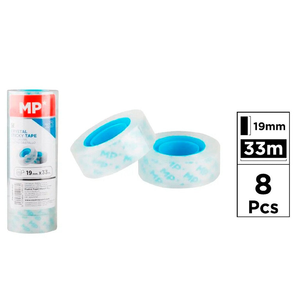 Cinta adhesiva transparente cristal, 19 mm x 33 m, 8 uds