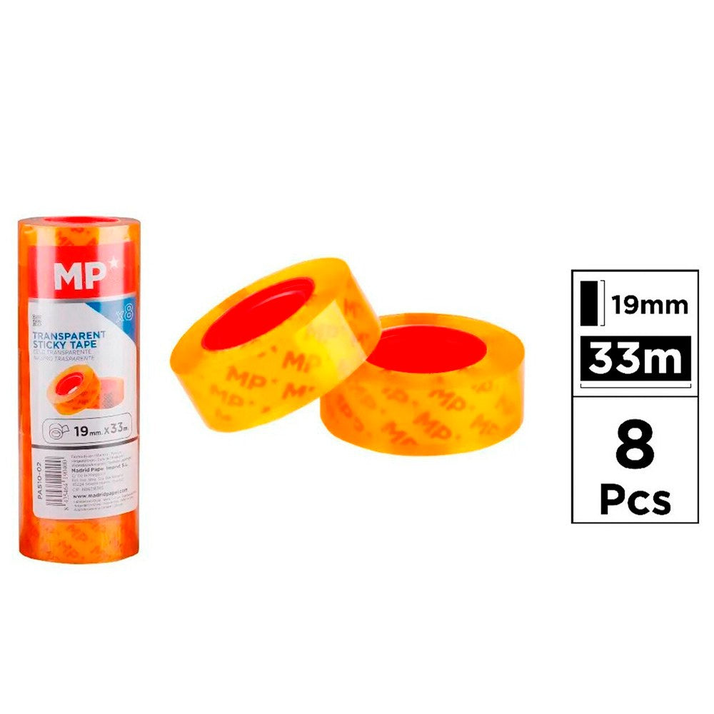 Cinta adhesiva transparente amarilla, 19 mm x 33 m, 8 uds