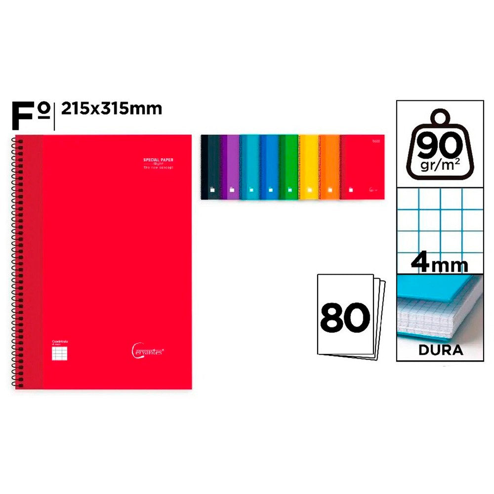 Cuaderno a4, con espiral, tapa dura, 80 hojas cuadrícula 4 mm, colores surtidos