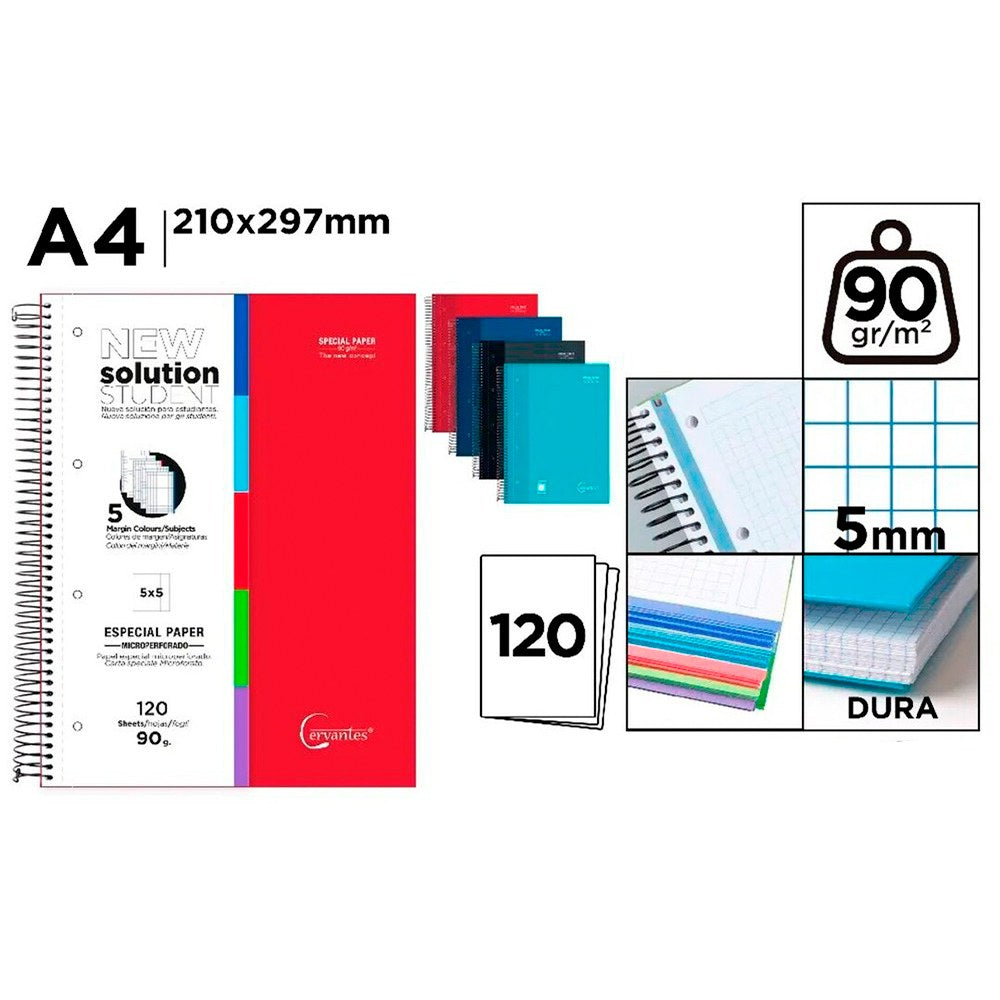 Cuaderno a4, con espiral, tapa dura, 120 hojas cuadrícula 5 mm, con taladro, colores surtidos