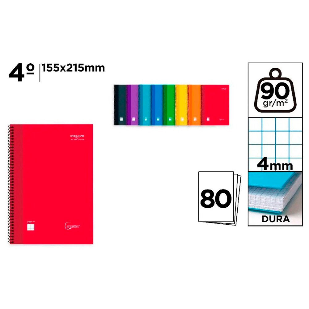 Cuaderno a5, con espiral, tapa dura, 80 hojas cuadrícula 4 mm, colores surtidos