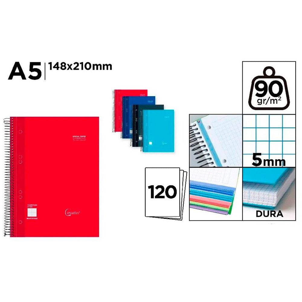 Cuaderno a5, con espiral, tapa dura, 120 hojas cuadrícula 5 mm, con taladro, colores surtidos