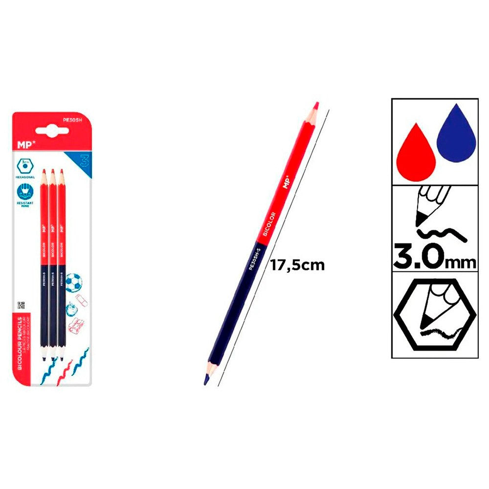 Lápices bicolor, rojo y azul, 3 uds, blister