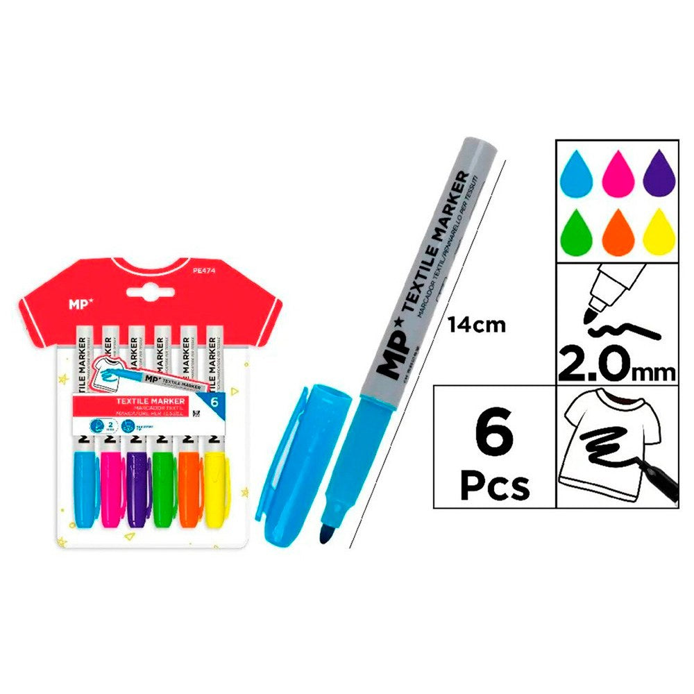 Marcadores de colores textil, 6 uds, blister