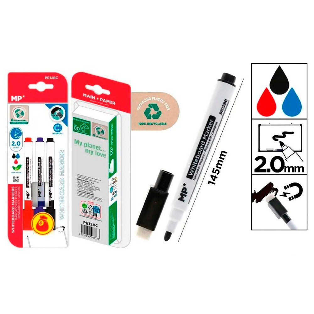 Marcador pizarra blanca, con borrador, 3 uds, blister