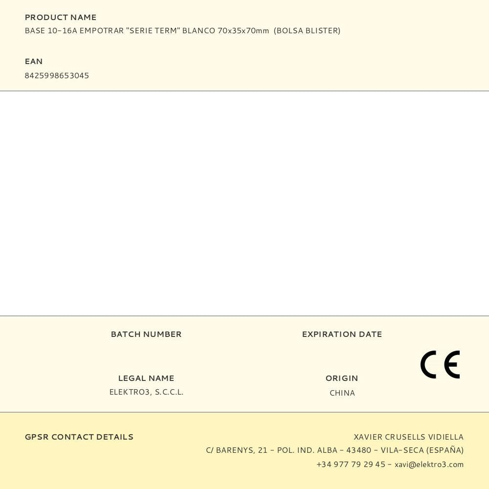 Base 10-16a empotrar, serie term, blanco, 70 x 35 x 70 mm, bolsa blíster