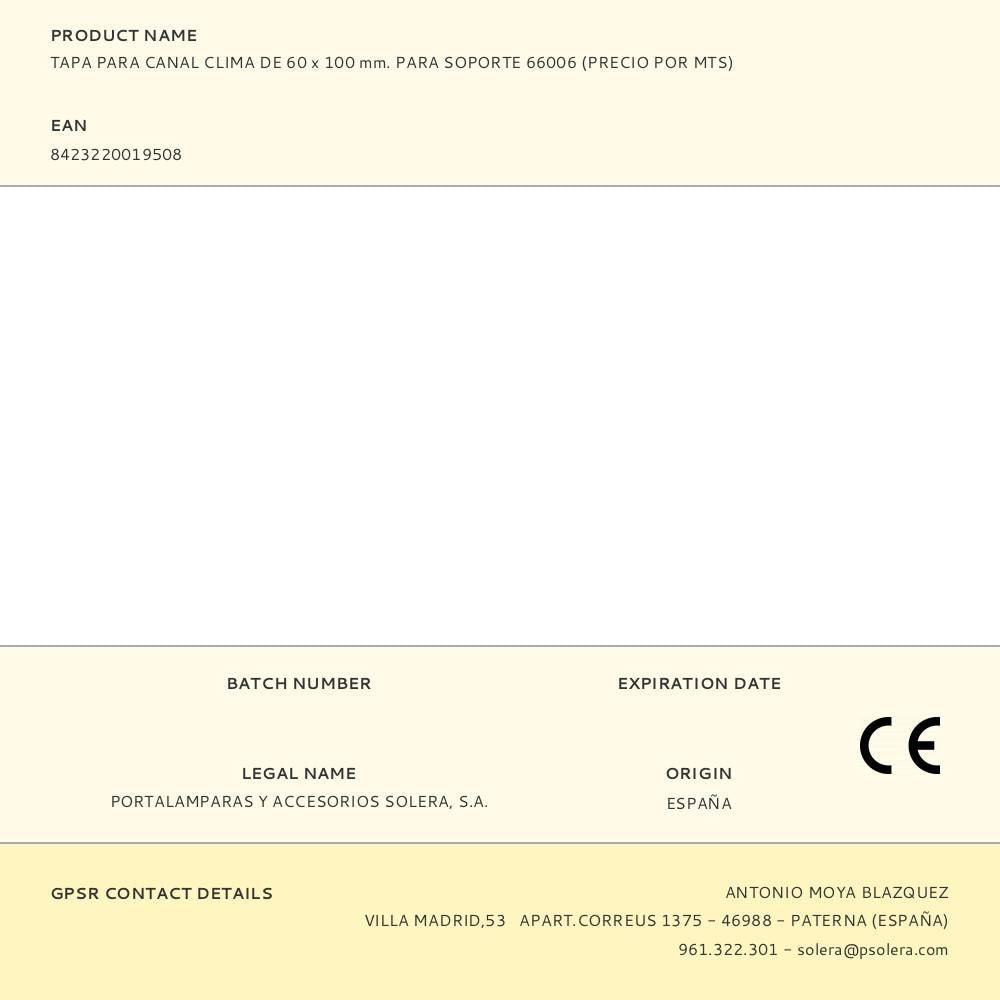 Tapa para canal clima de 60 x 100 mm. para soporte 66006 (precio por mts)