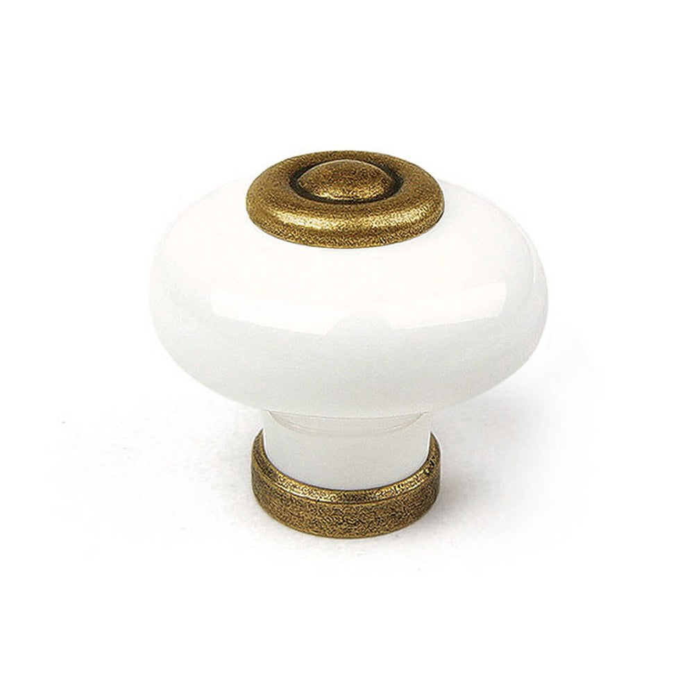 Pomo para mueble, modelo 824, de porcelana y metal con acabado blanco y cuero viejo, ø31 mm