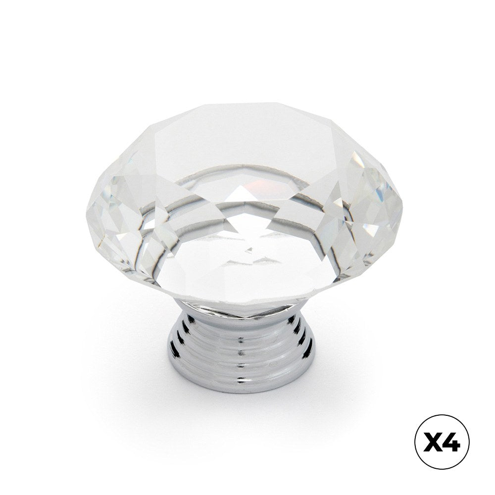 Pomo para mueble, modelo 964, de zamak y cristal con cromo brillo y transparente, ø40 mm, blíster 4 uds