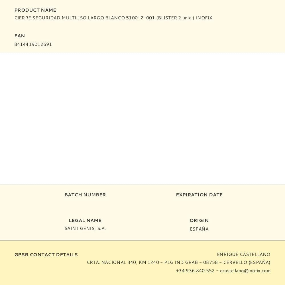 Cierre seguridad, multiuso largo, modelo 5100, blanco, 250 x 110 x 15 mm, 2 uds, blister