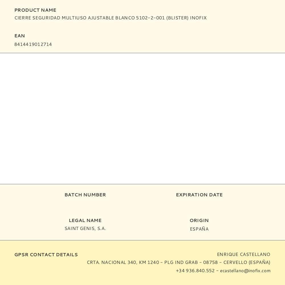 Cierre seguridad, multiuso ajustable, modelo 5102, blanco, 56 x 210 x 14 mm, 2 uds, blister