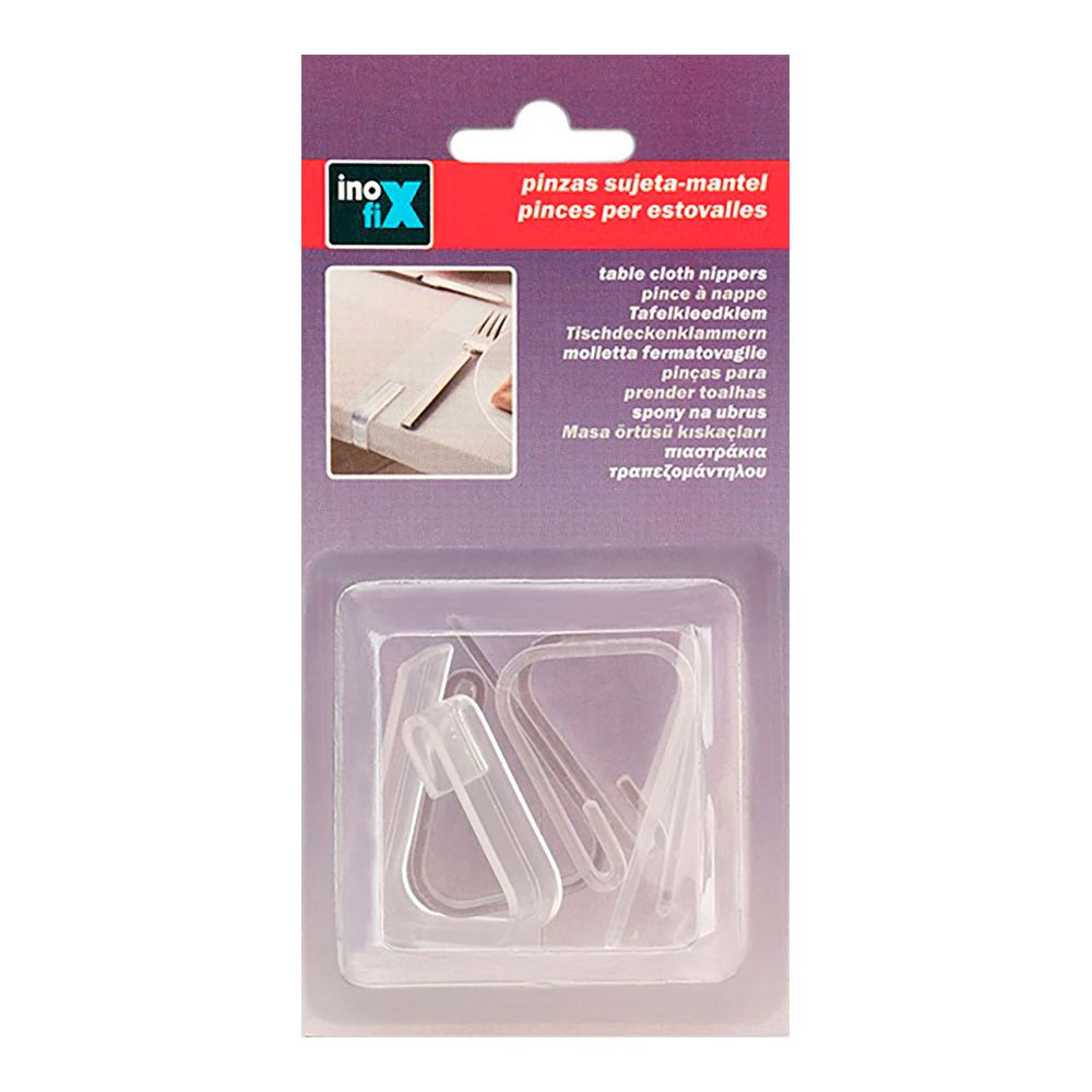Pinza sujeta mantel transparente, blister 4 uds