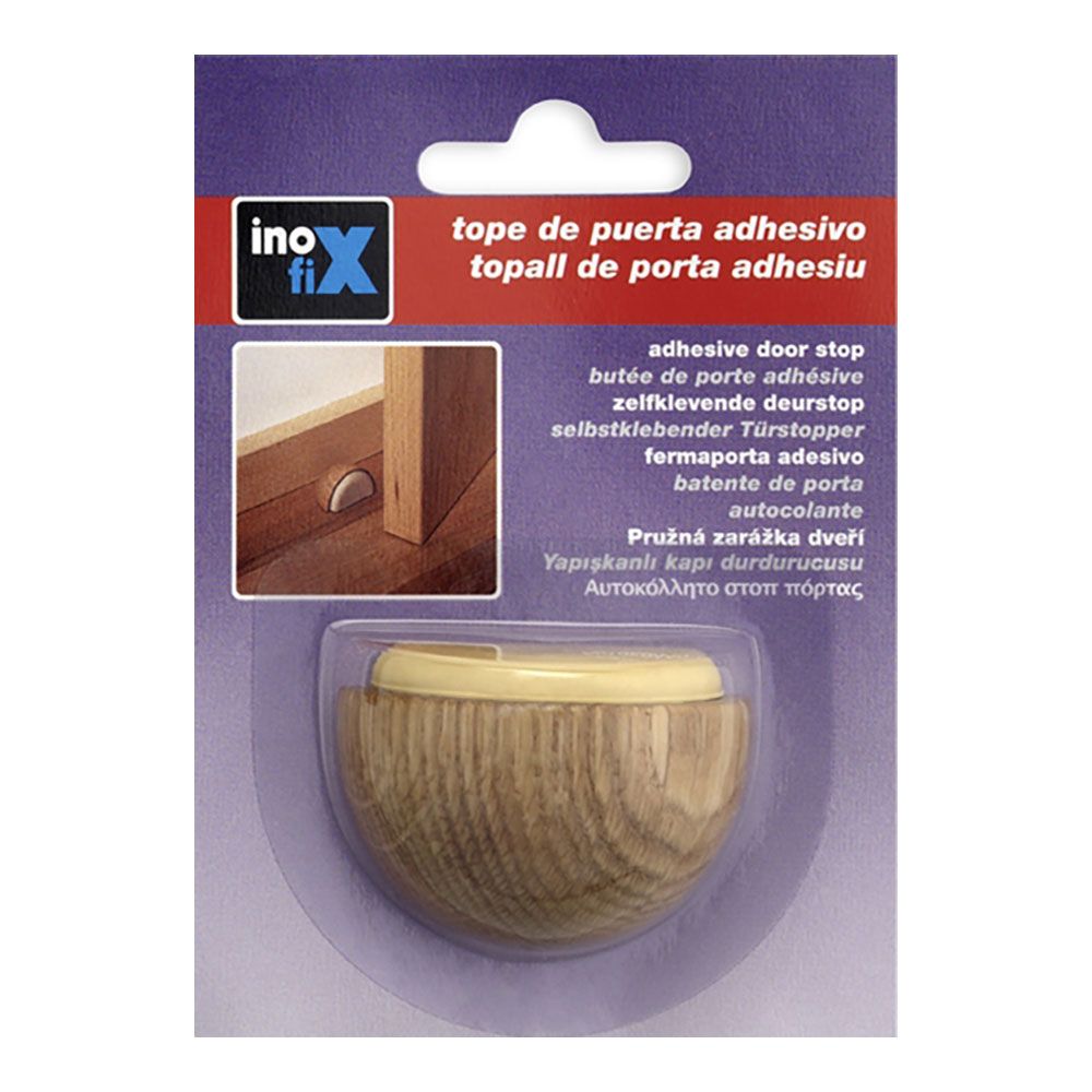 Tope de puerta, de madera y caucho con acabado roble, fijación con adhesivo, blister