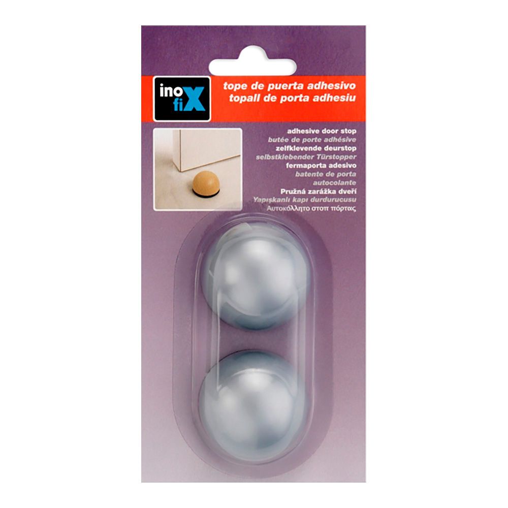 Tope de puerta, flexible con acabado gris metalizado, fijación con adhesivo, 2 uds, blister