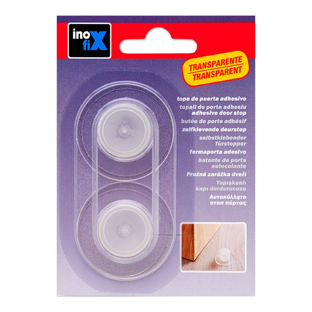 Tope de puerta, de termoplástico con acabado transparente, fijación con adhesivo, 2 uds, blister
