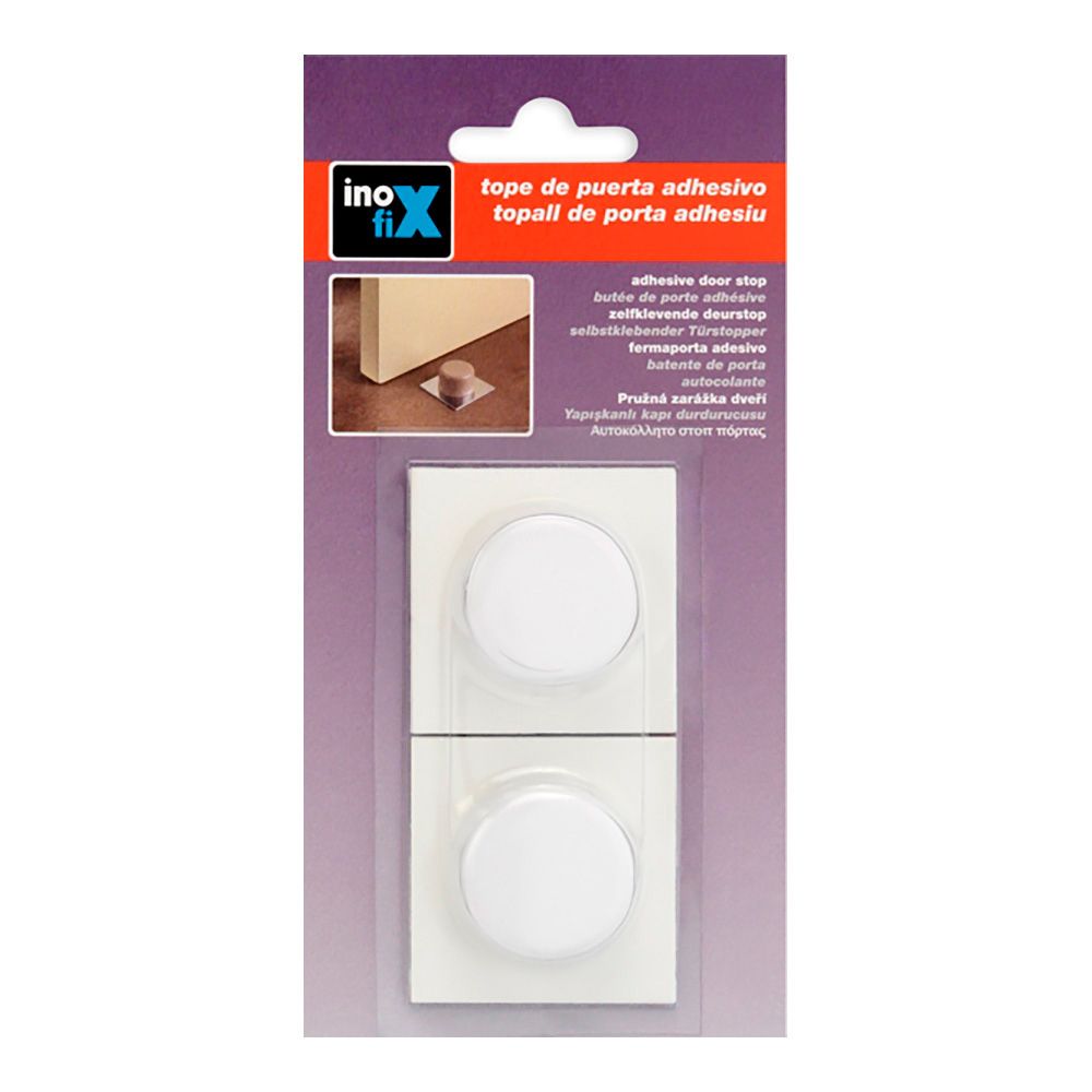 Tope de puerta, de pvc y base de metal con acabado blanco, fijación con adhesivo, 2 uds, blister
