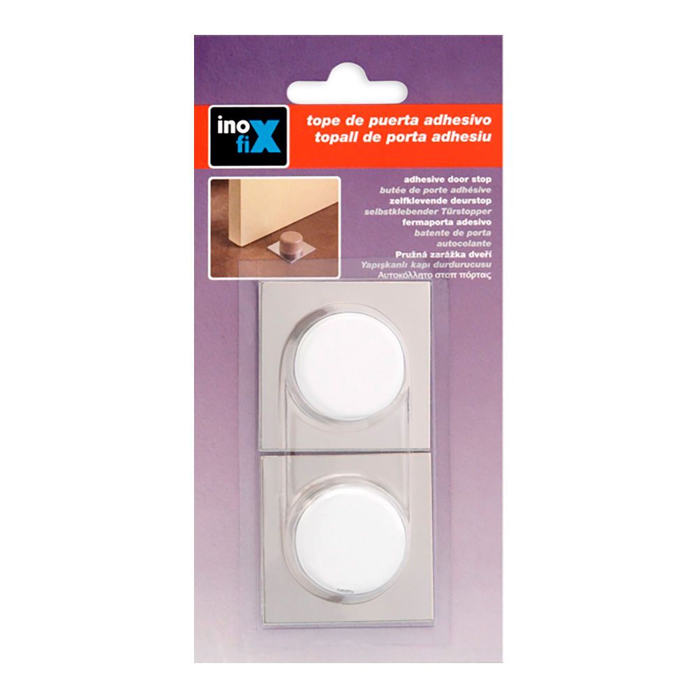 Tope de puerta, de pvc y base de metal con acabado blanco - cromo, fijación con adhesivo, 2 uds, blister