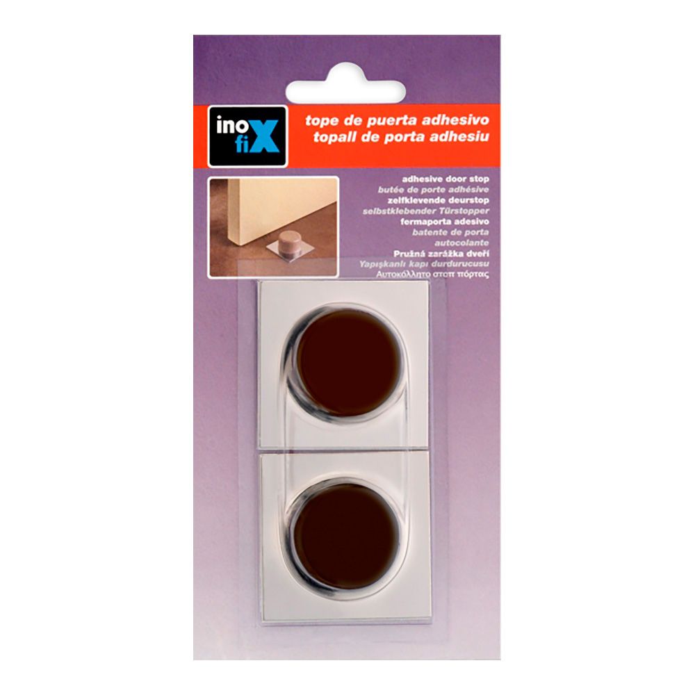 Tope de puerta, de pvc y base de metal con acabado marrón - cromo, fijación con adhesivo, 2 uds, blister