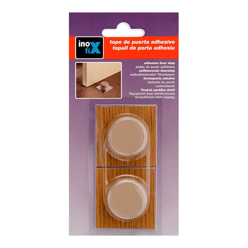Tope de puerta, de pvc y base de metal con acabado parquet-beige, fijación con adhesivo, 2 uds, blister
