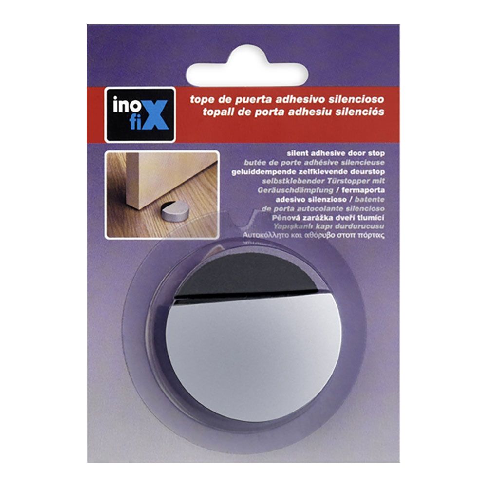 Tope de puerta, de espuma con acabado cromo mate, silencioso, fijación con adhesivo, blister