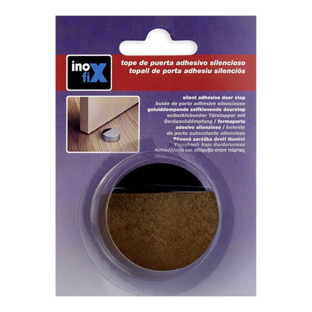 Tope de puerta, de espuma con acabado madera, silencioso, fijación con adhesivo, blister