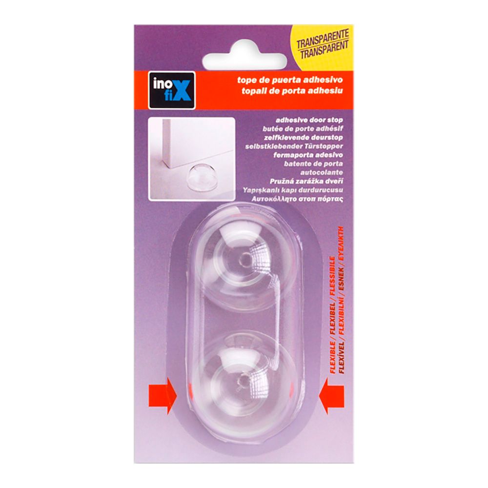 Tope de puerta, flexible con acabado transparente, fijación con adhesivo, 2 uds, blister