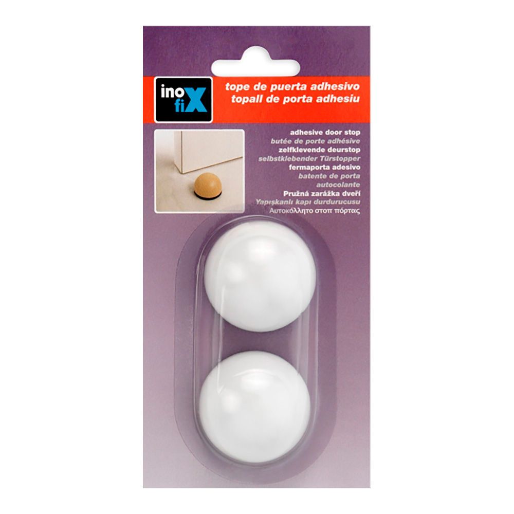 Tope de puerta, flexible con acabado blanco, fijación con adhesivo, 2 uds, blister