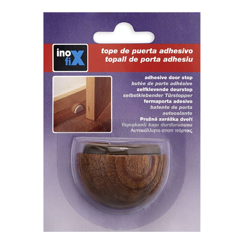 Tope de puerta, de madera y caucho con acabado sapelly, fijación con adhesivo, blister