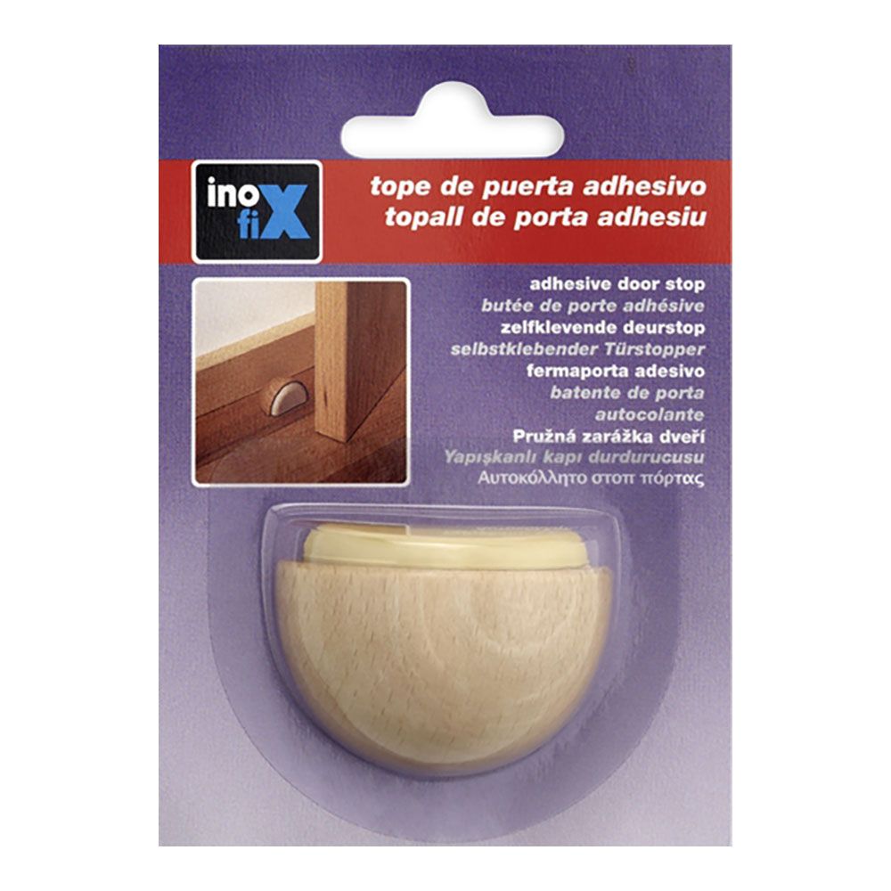 Tope de puerta, de madera y caucho con acabado haya, fijación con adhesivo, blister